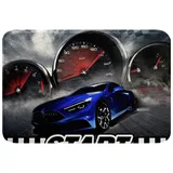 Homewish Rennen Auto Badezimmer Teppiche rutschfest, für Jungen Kinder Cool Sport Auto Teppich Mädchen Mann Extreme Sport Badematte Blau Rennauto Druck Schwarz und Weiß Gitter Dekor Türmat 40Bx60L