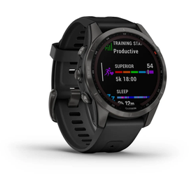 Garmin fenix 7S Sapphire Solar schiefergraues DLC-Titan Kunststoffarmband schwarz