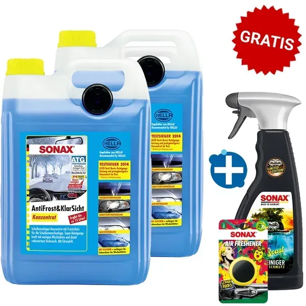 SONAX AntiFrost & Klarsicht Konzentrat 5 L bis -30 Grad 2 x 5 L plus GRATIS Felgenspray 500 ml und SONAX Air Fresher