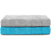 Komfortec 2er Saunatuch Set 80x200 cm aus 100% Baumwolle, XXL-Saunatücher, Sauna Handtuch, Weich, Groß, Frottee, Schnelltrocknend, Silber Grau/Türkis