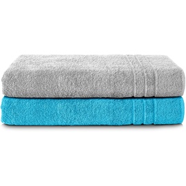 Komfortec 2er Saunatuch Set 80x200 cm aus 100% Baumwolle, XXL-Saunatücher, Sauna Handtuch, Weich, Groß, Frottee, Schnelltrocknend, Silber Grau/Türkis