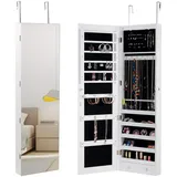 GOPLUS Schmuckschrank, Spiegelschrank, Schmuckregal hängend mit Spiegel, mit LED Beleuchtung, Farbewahl, für Ringe, Ohrringe, Halsketten, Armbänder (Weiß)