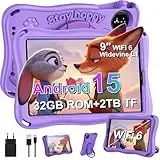 SUAAT 2026 Kinder Tablet 9 Zoll Android 15 mit 32GB ROM+TF 2TB, 5G WiFi, Gemini AI, Octa-Core, Widevine L1, GPS, Face ID, Kindersicherung, 1340 * 800, 5000mAh, BT 5.0, Kids Tablet mit Eva Case - Lila