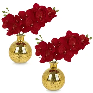 2 pcs Künstliche Orchideen Rot mit Gold Glasvase, Kunstpflanze Decor Orchideen Kunstblumen im vase mit Real Touch Blüten, Gefälschte Orchideen künstliche Bonsai für Hotel Wohnzimmer Büro Küche