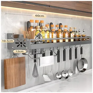 Awoyep Gewürzregal, Küchenregal Wand Ohne Bohren, Gewürzregal Hängend Spice Rack, Küchen Organizer Wandregal Regal, Küchenutensilienhalter für Küche Badezimmer Balkon (Color : Gray, Size : 60cm)