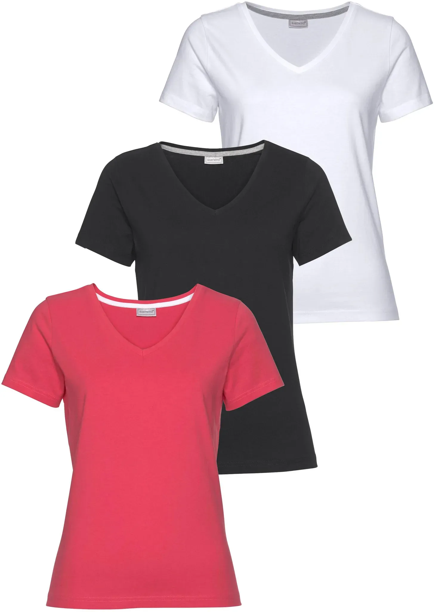 T-Shirt EASTWIND, Damen, Gr. 36/38, bunt (schwarz, koralle, weiß), Single Jersey, Obermaterial: 100% Baumwolle, clean, unifarben, Basic, figurumspielend hüftlang, abgesteppt, Shirts T-Shirt, Kurzarm, figurumspielend, aus Baumwolle, im 3er-Pack, Topseller