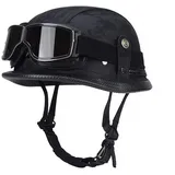 Labzaa Retro Deutsche Lederhelm Halbschalenhelm mit ECE, Jethelm Retro,Vintage Motorradhelm mit Brille für Cruiser Chopper Biker Moped D M