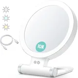 Jalleria - Planet Vergrößerungsspiegel mit Licht, 10x/1x, doppelseitig, tragbarer Schminkspiegel, 3-Farben-Beleuchtung, dimmbarer Touchscreen