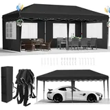 Pavillon 3x6,One Push Faltpavillon 3x6 Wasserdicht Stabil, Pop up Pavillon Winterfest, Gartenpavillon mit 4 Seitenteilen,Partyzelt,12 Erdhaken 6 Seile, für Strand/Festival/Camping/Markt,Schwarz