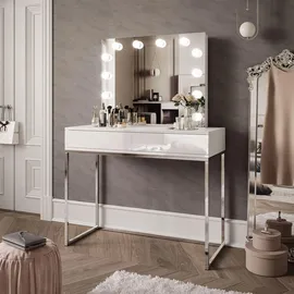 lookway SCHMINKTISCH BLANCO GLAMOUR ELITE mit Spiegel und Beleuchtung Weiß Hochglanz PUSH OPEN