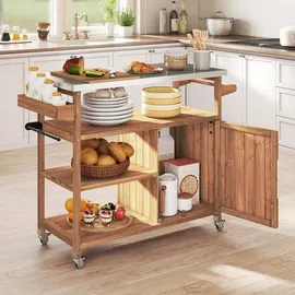 Costway Grillwagen Outdoor, Servierwagen auf Rollen, mit Edelstahl-Arbeitsplatte, Ablagen, Gewürzregal, Schrank&Handtuchhalter, (1 Tür-118x47x92 cm) - Naturbelassen