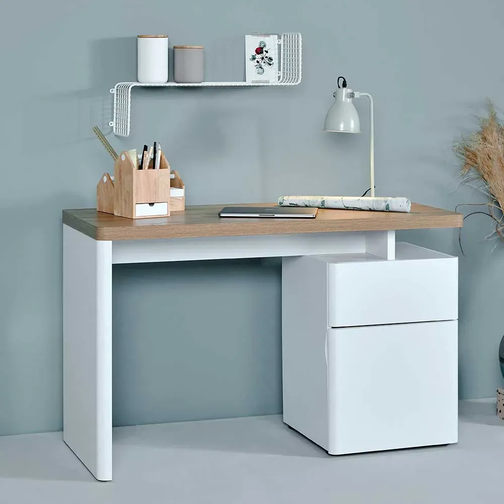 Büroschreibtisch in Weiß und Eiche Optik 120 cm breit