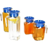 Mambocat 4x KARO & KORA Kühlschrankkrug mit Deckel blau 1L & 0,5L Glas-Karaffe Kanne Saft,