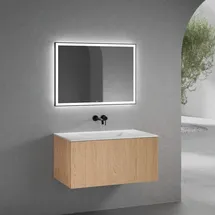 Neoro n50 Unterschrank B: 100 cm mit 1 Auszug, mit glatter Eichenfront, Waschtisch ohne Hahnloch weiß matt, mit Spiegel, BN0097WM+BN0433BFO+BN0016MI,