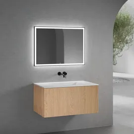 Neoro n50 Unterschrank B: 100 cm mit 1 Auszug, mit glatter Eichenfront, Waschtisch ohne Hahnloch weiß matt, mit Spiegel, BN0097WM+BN0433BFO+BN0016MI,