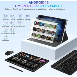 ANTEMPER Tablet 10 Zoll mit Tastatur und Stift | 16GB RAM+128GB ROM (1TB TF) Android 12 2023 Neueste Tablet PC | MTK Octa-Core 2.0GHz | 5G WIF | 5MP+13MP - Schwarz