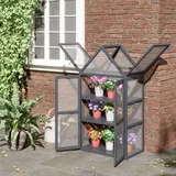 Outsunny Frühbeet Mini Gewächshaus 3 Ebenen Treibhaus Pflanzenbeet mit aufklappbarem Dach Doppeltüren aus Holz Polycarbonat Natur 70,5 x