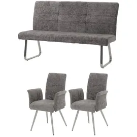 MCW Esszimmer-Set MCW-G55, 2er-Set Stuhl mit Armlehne+Sitzbank 160cm, Edelstahl gebürstet Stoff/Textil Chenille ~ dunkelgrau