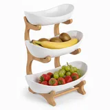 Relaxdays Obst Etagere Bambus & PP, 3 Etagen, HBT 34x25x10cm, Schalenetagere, Obst, Gemüse, Obstschale Küche, natur/weiß