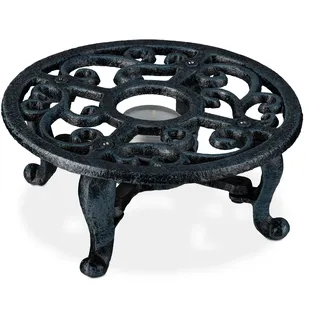 Relaxdays Stövchen, für Tee- & Kaffeekannen, Gusseisen, für 1 Teelicht, antikes Design, rustikaler Teewärmer, grau