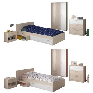 Parisot Kinderzimmer Charly 12 weiß/braun 4-teilig - bestehend aus: Bett - Kleiderschrank - Nachtschrank - Kommode - ohne Matratze - ohne Lattenrost