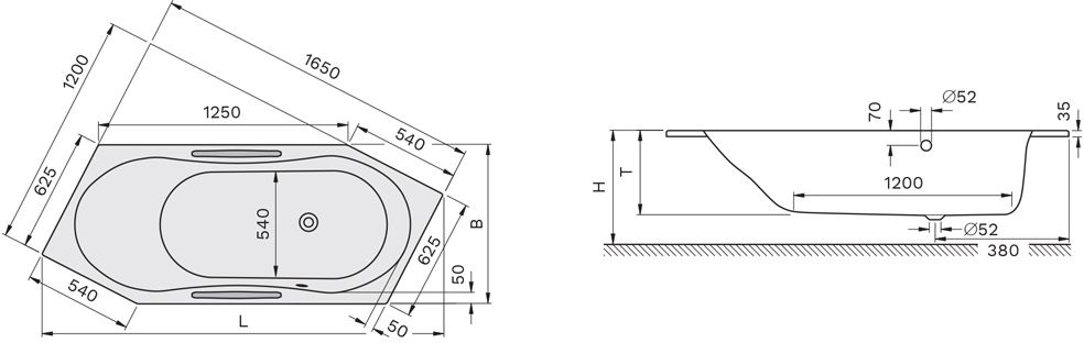 Koralle Badewanne T200 205 L Acryl 6eckig 2020x800x450 weiß Überlauf hinten VL441202080201