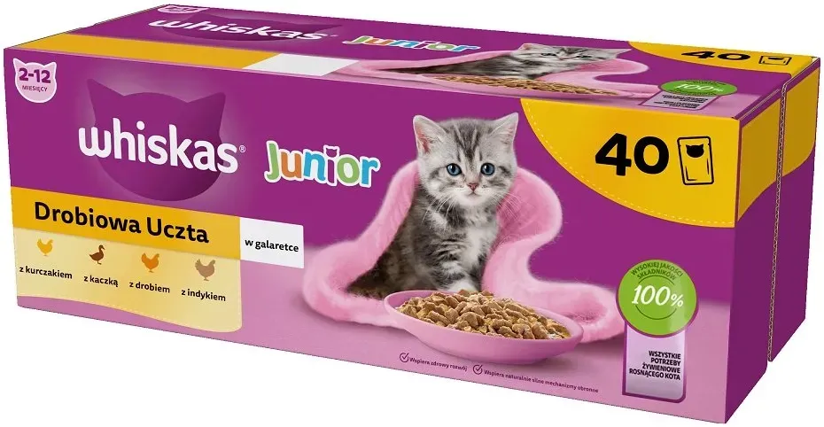 WHISKAS Junior Geflügel-Schmaus 40x85g Nassfutter mit Huhn, Ente, Geflügel und Pute in Gelee für Kätzchen