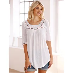 T-Shirt HEINE "Shirt", Damen, Gr. 44, weiß, 100% Viskose, Spitze:100% Baumwolle, unifarben, Rundhals, Kurzarm, Shirts