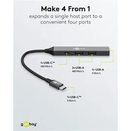 goobay Slim 4-Port USB-Hub, USB-CTM auf USB-CTM/USB-A, 5 Gbit/s