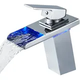 LED Einhebelmischer Waschbecken Wasserhahn, OUGOO RGB 3 Farbwechsel Armatur mit Temperatursensor, Wasserfall Messing Mischbatterie für Badezimmer, Chrom
