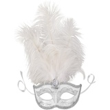 dressforfun 900887 Venezianische Maske mit Federn, Halbmaske für Damen, Augenmaske mit Zierborte für Maskenball Party Kostüm Fasching Karneval Halloween - diverse Farben - (silber | Nr. 303545)