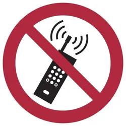 Verbotsschild, Eingeschaltete Mobiltelefone verboten P013 - ASR A1.3 (DIN EN ISO 7010) - 200x0.45 mm Aluminium geprägt