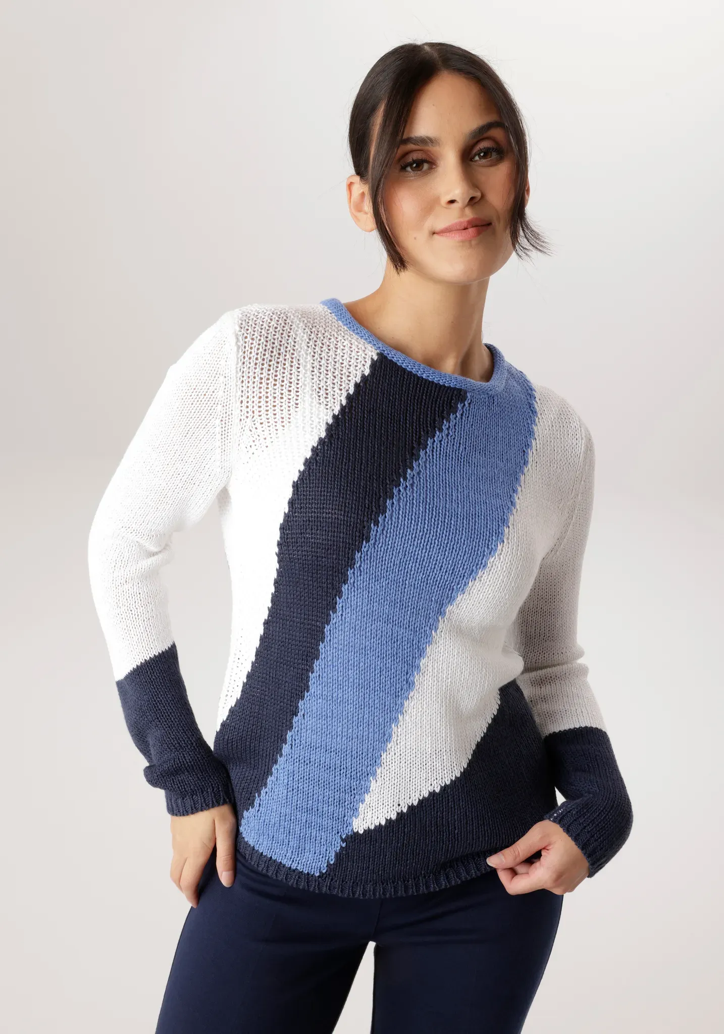 Strickpullover ANISTON SELECTED, Damen, Gr. 48, weiß, marine, hellblau, Strick, Obermaterial: 100% Polyacryl, gemustert, figurumspielend hüftlang, Rundhals, Flachstrickbündchen, Pullover Strickpullover, mit Rollkante am Rundhalsausschnitt - NEUE KOLLEKTION