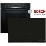 Bosch Induktion Herdset Autark Backofen Schwarz 3D Kochfeld Induktion 80cm - Schwarz