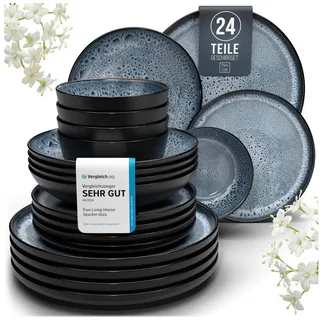 PURE LIVING INTERIOR DESIGN Steingut Geschirrset 6 Personen Ibiza 24 tlg. TESTSIEGER, Traumhaftes Mediterranes Steingut Geschirr Set, Schüssel- und Teller Set, Tafelservice 6 Personen, Geschirrsets Pure Living in Rauchblau