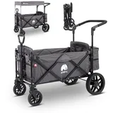 elvent® SmartCruiser Premium Bollerwagen - Handwagen faltbar mit Dach I Sitzpolster, Hecktasche, Feststellbremse, Off-Road-Reifen, 5-Punkt-Gurt I für 2 Kinder | Teleskop-Zugstange (Grau)