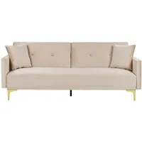 3-Sitzer Schlafsofa Samt beige gesteppt mit Metallbeinen gold 2 Kissen Lucan