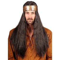 Metamorph Kostüm-Perücke Hippie Perücke mit Stirnband Haarteil Mottoparty, Lange, dunkelbraune Haare mit Stirnband im Schlangenleder-Look braun