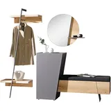 Voglauer Garderobe, Graphit, Wildeiche, Holz, Metall, Glas, Textil, Holzwerkstoff, 4-teilig, Wildeiche, furniert, mehrschichtige Massivholzplatte (Tischlerplatte), 227x202x44.2 cm, Goldenes M, Made in Austria, stehend, Garderobe, Garderoben-Sets & Serien, Garderoben-Sets