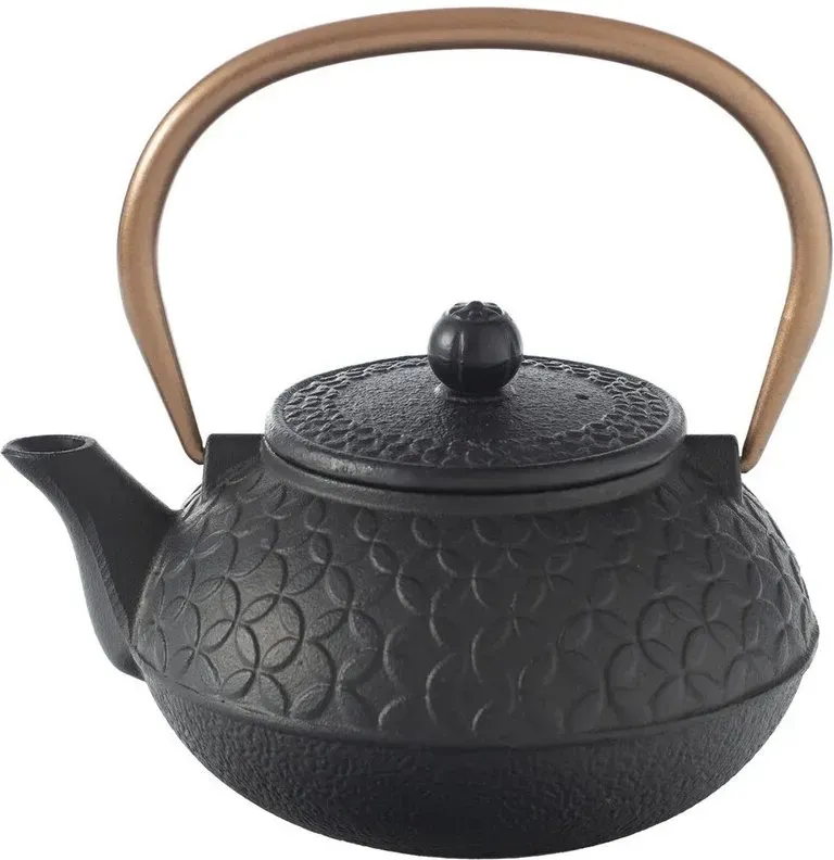 Schwarzer Teekessel aus Gusseisen mit Blumenmotiv, 1 Liter