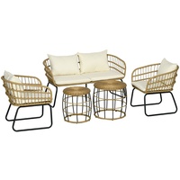 Outsunny 5 tlg. Rattan Gartenmöbel-Set, Sitzgruppe mit Kissen, Gartengarnitur mit 2 Couchtischen, 2 Sesseln, 1 Doppelsofa, Sitzgarnitur für Garten, Terrasse, Stahl, Beige