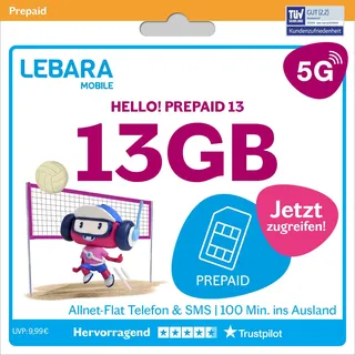 LEBARA Prepaid SIM-Karte mit Hello! 13 Prepaid Tarif ohne Vertrag | Allnet Flat Telefonie & SMS, 13 GB Datenvolumen inkl. 5G und 100 Frei-Min. ins Ausland