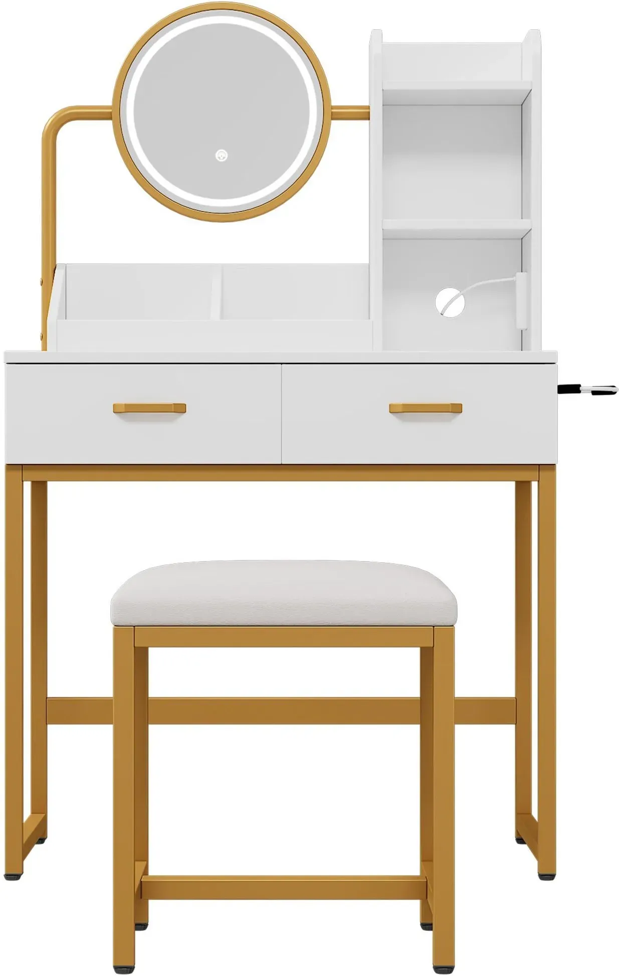 Moderner Schminktisch mit LED-Beleuchtung, drehbarem HD‐Spiegel, Föhnhalter, inkl. Hocker, 80x40x138,5 cm, Weiß