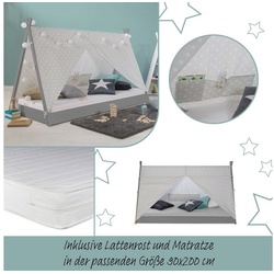 Homestyle4u Kinderbett Kinderbett mit Matratze TIPI 90x200 Weiß Grau grau