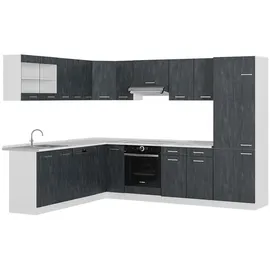 Vicco Eckküche R-Line 287x227 cm Schwarz Beton Weiß mit Arbeitsplatte Weiß Marmor