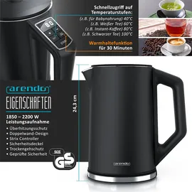 Arendo Frühstücks-Set Wasserkocher 1,5 l Schwarz