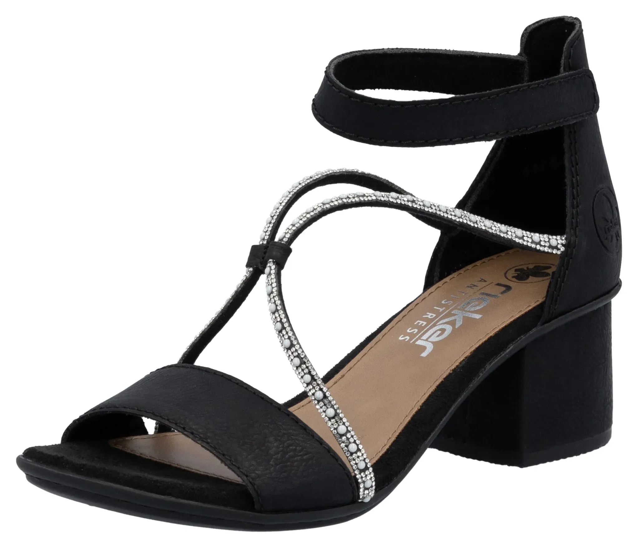 Sandalette RIEKER, Damen, Gr. 36, schwarz, Lederimitat, unifarben, Schuhe Sandalette, Sommerschuh, Sandale, Blockabsatz, mit praktischem Klettverschluss, Topseller