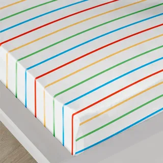 Bedlam - Regenbogen gestreiftes Bettlaken – Spannbettlaken für Einzelbett (190 x 90 x 28 cm) – Regenbogen-Bettwäsche – Mehrfarbig gestreiftes Bettlaken in Weiß – Einzel-Spannbetttuch mit Streifen –