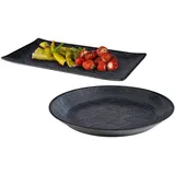 Assheuer & Pott Melamin Geschirr 2-er Set Servierplatten, Campinggeschirr schwarz mit Dekor