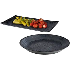 Assheuer & Pott Melamin Geschirr 2-er Set Servierplatten, Campinggeschirr schwarz mit Dekor